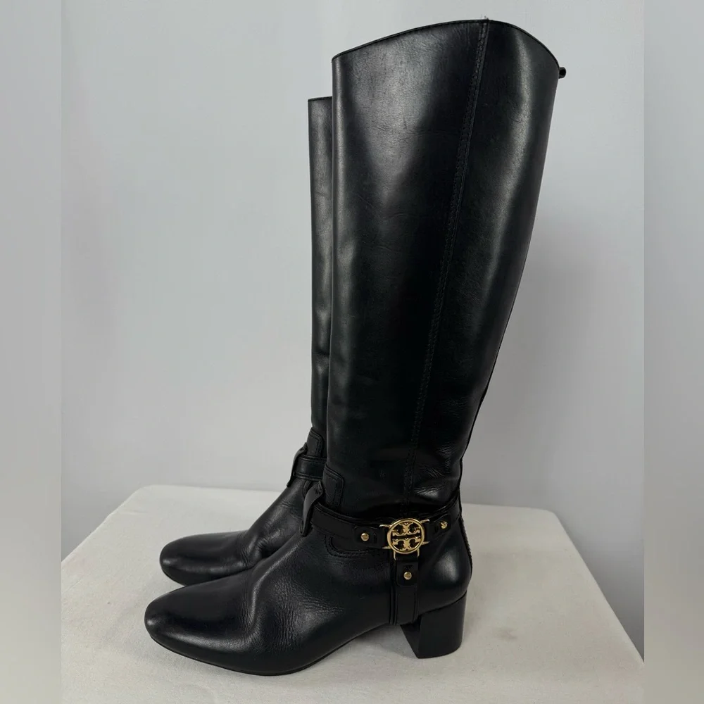 Vintage Y2K Tory Burch Leather Gold Logo Knee‎ High Heeled Boots in Black Size 7